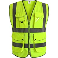 JKSafety Nueve bolsillos Nivel 2 Uniforme trabajo Chaleco con cremallera-Chaleco reflectante fluorescente-Chaleco de…